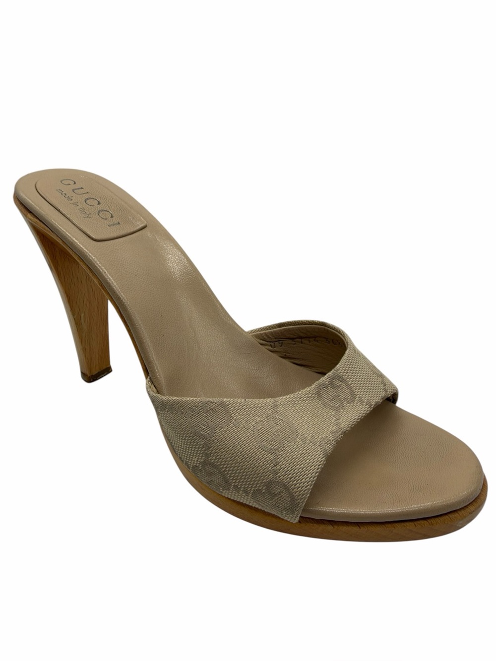 Gucci Beige Guccissima Canvas Slide Heel Sandals